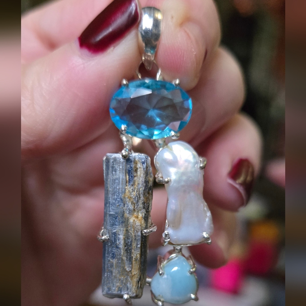 Blue topaz Kyanite Pearl & Larimar sterling silver pendant - Picture 5 of 8